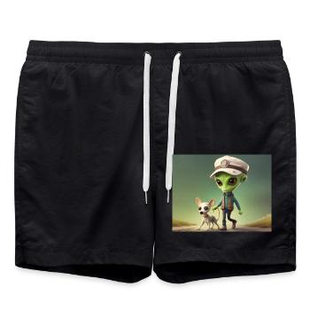 süßes kleines grünes Retro-Alien nimmt den Hund raus - Badeshorts - Schwarz - Vorne - AI Model Male 185 light (185cm)