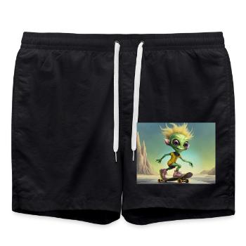 niedliches kleines grünes Retro Alien Skateboarden - Badeshorts - Schwarz - Vorne - AI Model Male 185 light (185cm)