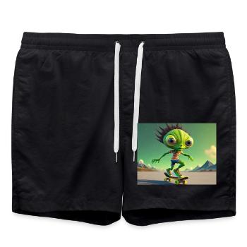 niedliches kleines grünes Retro Alien Skateboarden - Badeshorts - Schwarz - Vorne - AI Model Male 185 light (185cm)