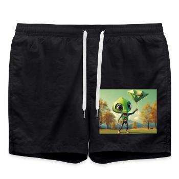 niedlich klein grün retro vintage alien fliegen einen drachen fliegen - Badeshorts - Schwarz - Vorne - AI Model Male 185 light (185cm)