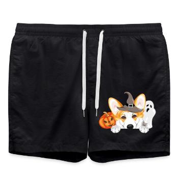 Lugpender Corgi-Hund mit Geist und Halloween-Kürbis - Badeshorts - Schwarz - Vorne - AI Model Male 185 light (185cm)