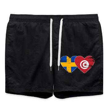 Schweden Tunesien Flagge Herz used - Badeshorts - Schwarz - Vorne - AI Model Male 185 light (185cm)