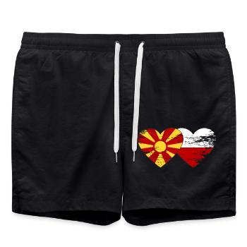 Mazedonien Polen Flagge Herz used - Badeshorts - Schwarz - Vorne - AI Model Male 185 light (185cm)