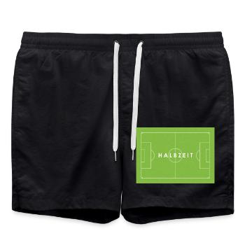HALBZEIT – Fußball - Spielfeld - Fußballfans - Tor - Badeshorts - Schwarz - Vorne - AI Model Male 185 light (185cm)