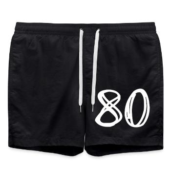 80 YEARS. 80TH ANNIVERSARY. BIRTHDAY 80 YEARS. 80 - Swim Trunks - black - Front - AI Model Male 185 light (185cm)