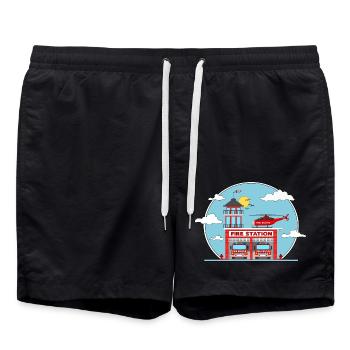 Fire Station with Helicopter and Fire Engine - Badeshorts - Schwarz - Vorne - AI Model Male 185 light (185cm)