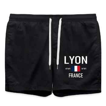 Lyon - France - France - Drapeau - Coordonnées - Short de bain - noir - Devant - AI Model Male 185 light (185cm)
