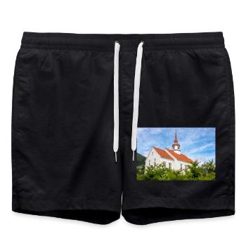 Eid kirke (Eid-Kirche) in Nordfjordeid Norwegen - Badeshorts - Schwarz - Vorne - AI Model Male 185 light (185cm)