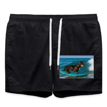 Wire-haired dachshund on the wave – surfing adventure on the - Swim Trunks - black - Front - AI Model Male 185 light (185cm)