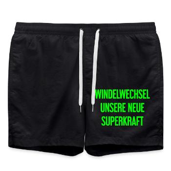 Windelwechsel – unsere neue Superkraft - Badeshorts - Schwarz - Vorne - AI Model Male 185 light (185cm)