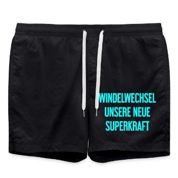 Windelwechsel – unsere neue Superkraft - Badeshorts - Schwarz - Vorne - AI Model Male 185 light (185cm)