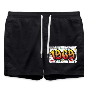 Retro Vibes 1969 Graffiti – 56 Years of Bold - Swim Trunks - black - Front - AI Model Male 185 light (185cm)