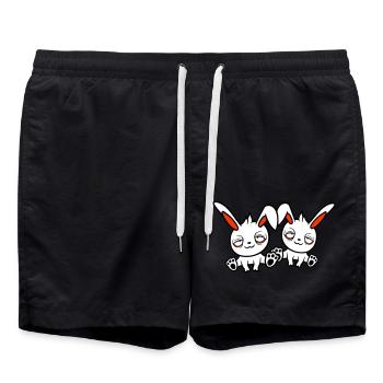 2 bunnies tired confused relaxed red dark circles - Swim Trunks - black - Front - AI Model Male 185 light (185cm)