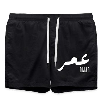 Omar Arabic name - Swim Trunks - black - Front - AI Model Male 185 light (185cm)