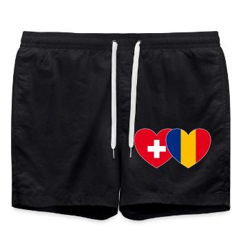 Schweiz Rumänien Flagge Herz - Badeshorts - Schwarz - Vorne - AI Model Male 185 light (185cm)