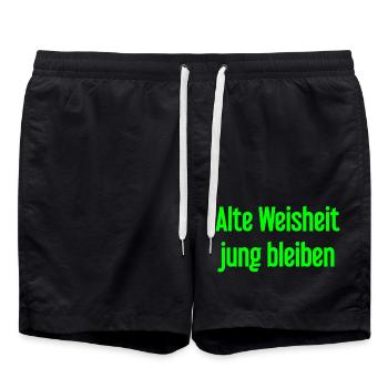Alte Weisheit, jung bleiben – Lebensfroher Spruch - Badeshorts - Schwarz - Vorne - AI Model Male 185 light (185cm)