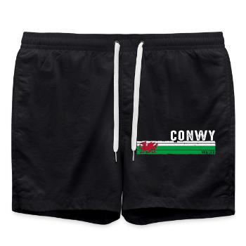 Entdecken Sie Conwy Wales Retro Design für die walisische Kultur - Badeshorts - Schwarz - Vorne - AI Model Male 185 light (185cm)