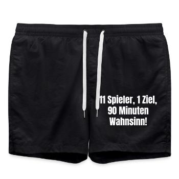 11 players, 1 goal, 90 minutes of madness! - Swim Trunks - black - Front - AI Model Male 185 light (185cm)