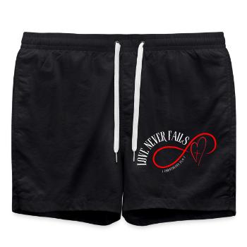 Love Never Fails – 1 Corinthians 13:4-7 - Swim Trunks - black - Front - AI Model Male 185 light (185cm)