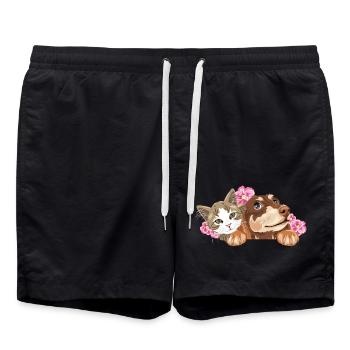 Chat mignon et teckel rêveur avec des fleurs roses - Short de bain - noir - Devant - AI Model Male 185 light (185cm)