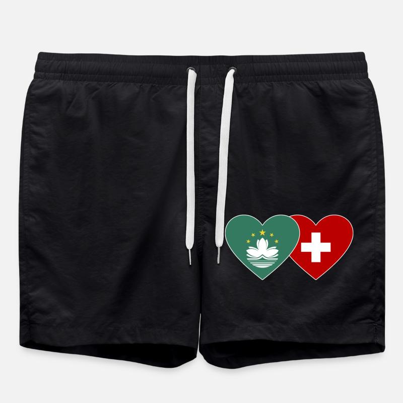 Macau Switzerland Flag Heart - Swim Trunks - black