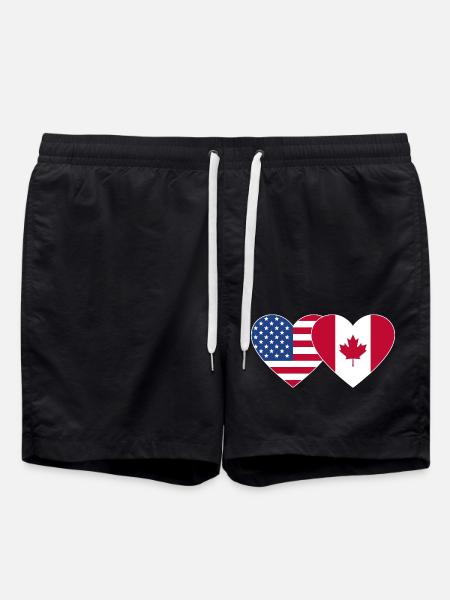 USA Canada Flag Heart - Swim Trunks - black