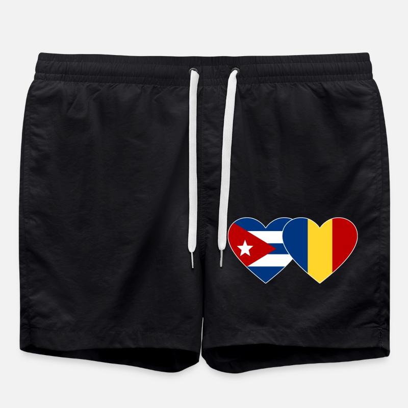 Cuba Romania Flag Heart - Swim Trunks - black