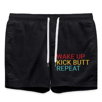 Wake up. Kick butt. Repeat - Swim Trunks - black - Front - AI Model Male 185 light (185cm)