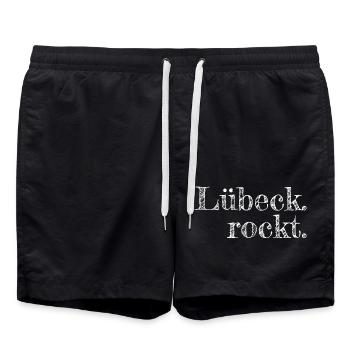 Lübeck rockt - Textdesign mit Stadtnamen - Badeshorts - Schwarz - Vorne - AI Model Male 185 light (185cm)
