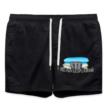 Six on the Beach Pun Sex Party Beer Sixpack - Swim Trunks - black - Front - AI Model Male 185 light (185cm)