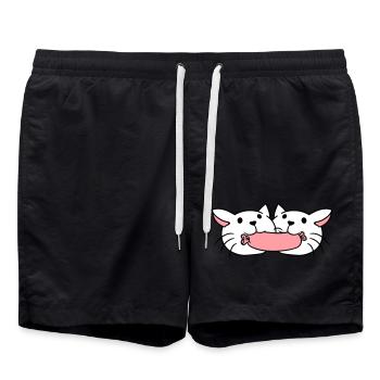 2 Katzen Essen Würstchen Wurst Mund Fressen Paar - Badeshorts - Schwarz - Vorne - AI Model Male 185 light (185cm)
