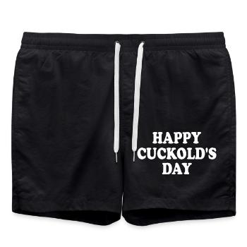 happy cuckold's day - cuckold - Swim Trunks - black - Front - AI Model Male 185 light (185cm)