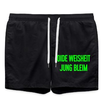Oide Weisheit, jung bleim – Bayerischer Spruch - Badeshorts - Schwarz - Vorne - AI Model Male 185 light (185cm)