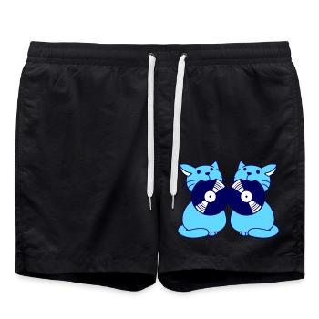 DJ 2 Katzen Team Freunde Crew Schallplatte im Mund - Badeshorts - Schwarz - Vorne - AI Model Male 185 light (185cm)