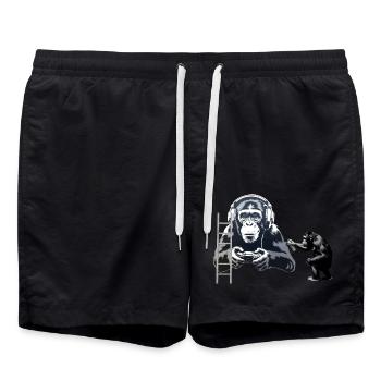 GRAFFITI BANKSY STYLE - CHIMP PLAYING COMPUTER GAM - Swim Trunks - black - Front - AI Model Male 185 light (185cm)