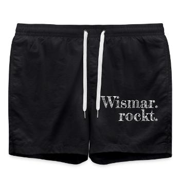 Wismar rockt - Textdesign mit Stadtnamen - Badeshorts - Schwarz - Vorne - AI Model Male 185 light (185cm)