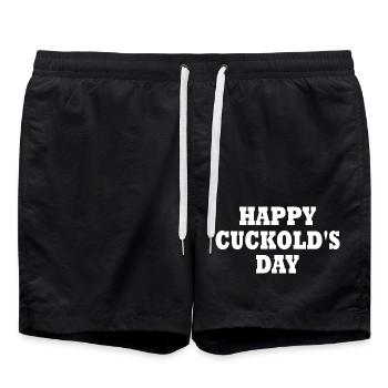 Cuckold - happy cuckold's day - Swim Trunks - black - Front - AI Model Male 185 light (185cm)