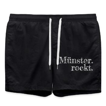 Münster rockt - Textdesign mit Stadtnamen - Badeshorts - Schwarz - Vorne - AI Model Male 185 light (185cm)