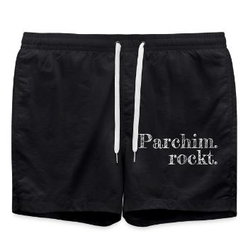 Parchim rockt - Textdesign mit Stadtnamen - Badeshorts - Schwarz - Vorne - AI Model Male 185 light (185cm)