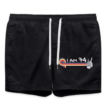 Ich bin 74 plus Mittelfinger - 75. Geburtstag - Badeshorts - Schwarz - Vorne - AI Model Male 185 light (185cm)