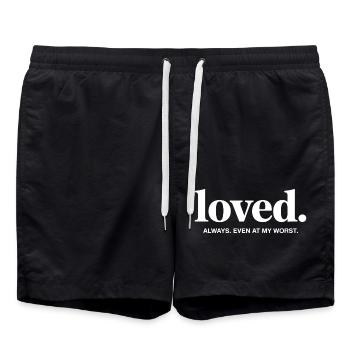 Beloved. Always. Even in my worst - Swim Trunks - black - Front - AI Model Male 185 light (185cm)