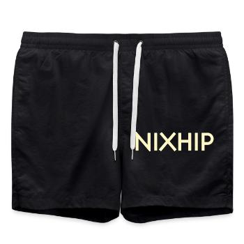 Nixhip Minimal typography beige text - Swim Trunks - black - Front - AI Model Male 185 light (185cm)