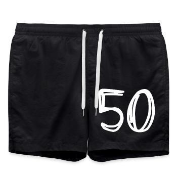 50 YEARS. 50th ANNIVERSARY. BIRTHDAY 50 YEARS. 50 - Swim Trunks - black - Front - AI Model Male 185 light (185cm)