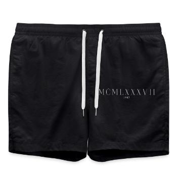 Roman Numeral Year of Birth Made in 1987 - Swim Trunks - black - Front - AI Model Male 185 light (185cm)