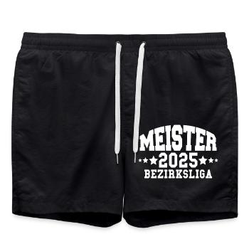 Meister 2025 Bezirksliga Aufstieg Fußball - Badeshorts - Schwarz - Vorne - AI Model Male 185 light (185cm)