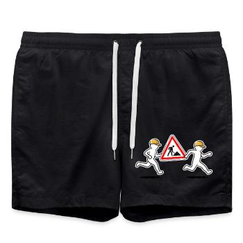 Two construction workers carry a construction site sign - Swim Trunks - black - Front - AI Model Male 185 light (185cm)