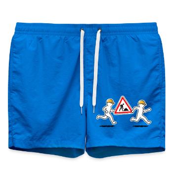 Two construction workers carry a construction site sign - Swim Trunks - cobalt blue - Front