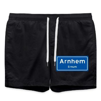Arnhem place name sign - Swim Trunks - black - Front - AI Model Male 185 light (185cm)