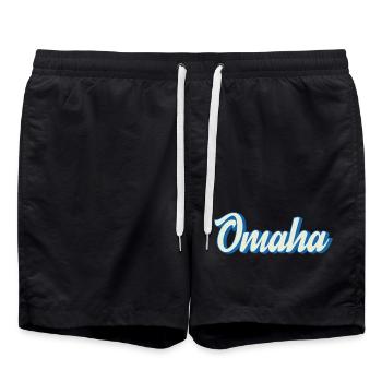 Omaha lettering in retro blue - Swim Trunks - black - Front - AI Model Male 185 light (185cm)