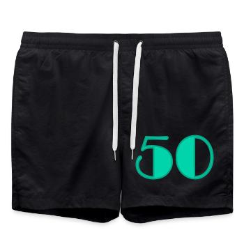 50 YEARS. 50th ANNIVERSARY. BIRTHDAY 50 YEARS. 50 - Swim Trunks - black - Front - AI Model Male 185 light (185cm)